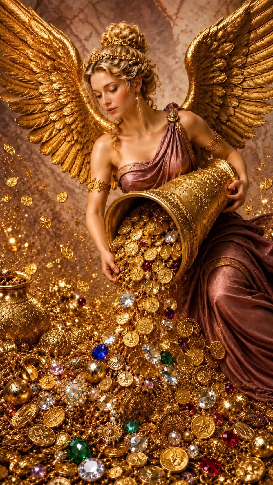 Figura alada dorada derramando una cornucopia de monedas de oro y gemas de abundancia