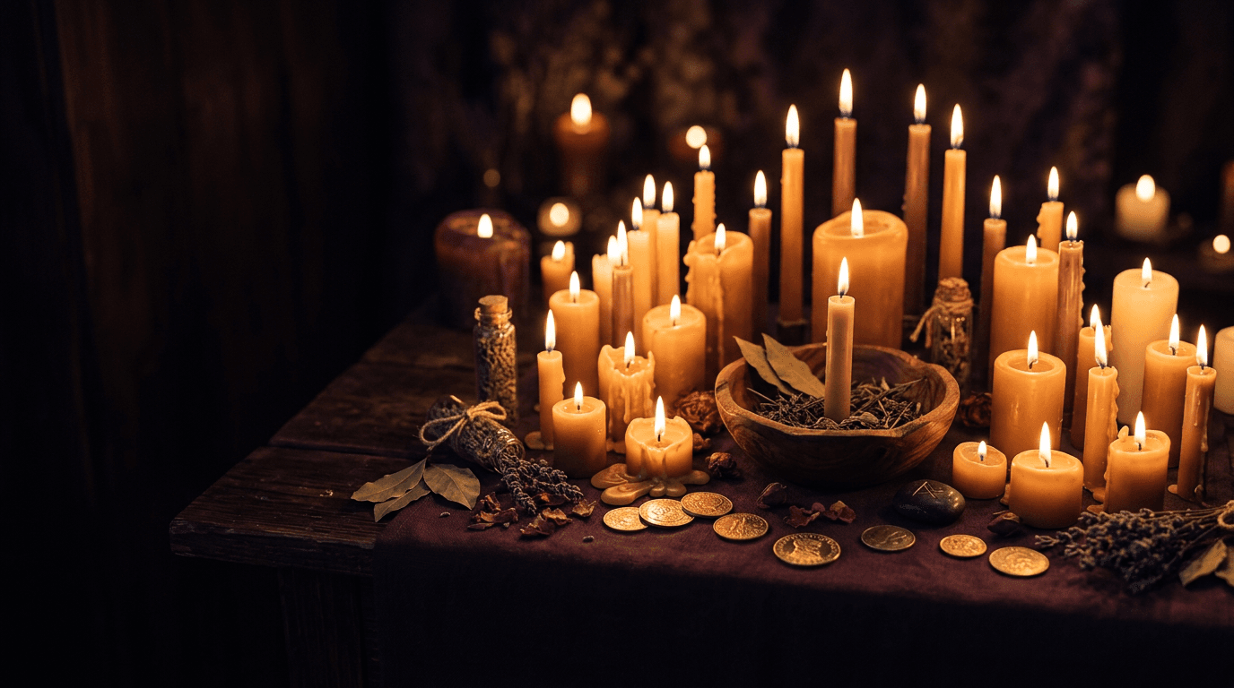 Altar ritual con velas encendidas en penumbra cálida