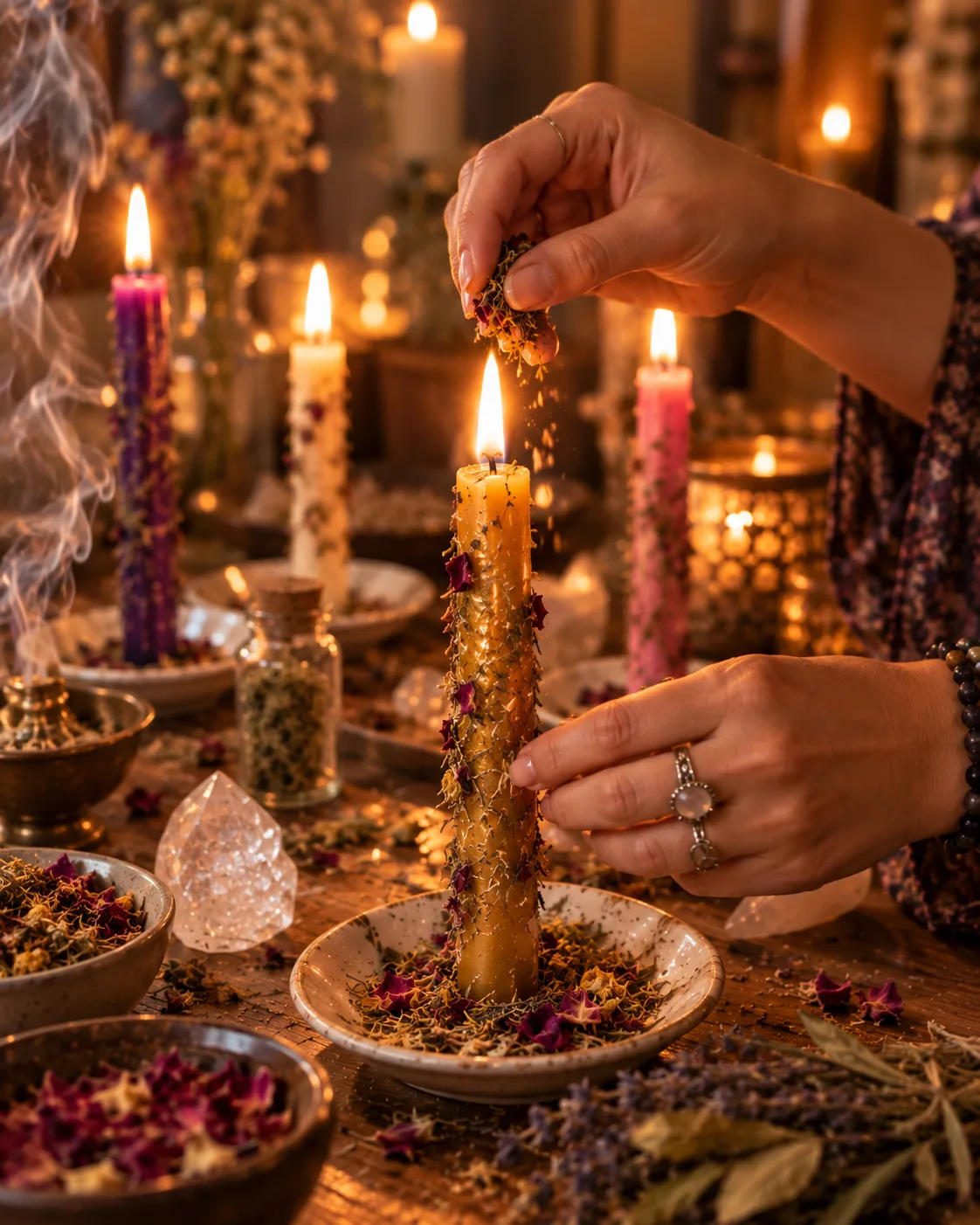 Altar con velas encendidas en penumbra cálida