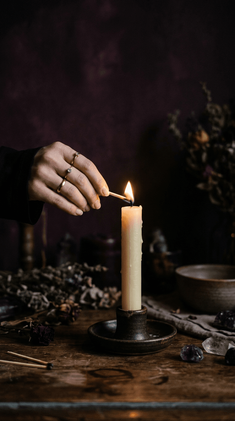 Una mano enciende una vela en la oscuridad cálida de un altar ritual