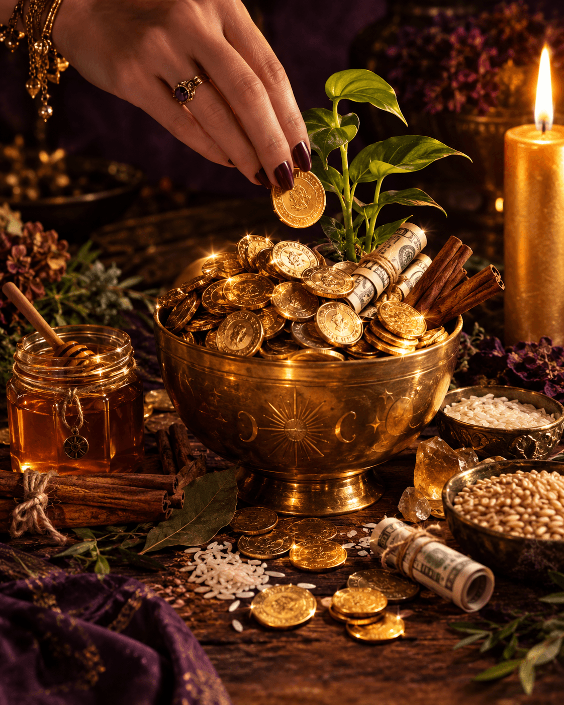 Cuenco dorado lleno de monedas y una mano colocando una moneda en un altar ritual.